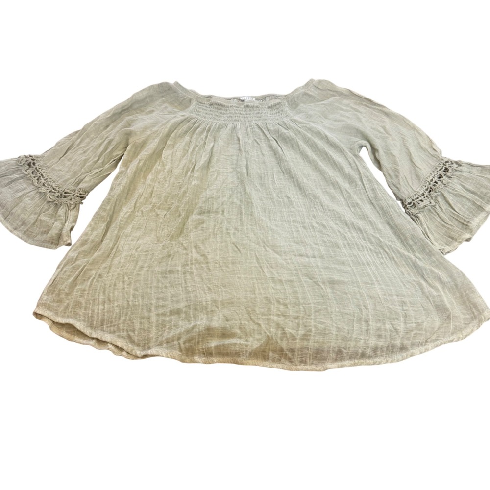 Spense Sage Green Smocked Square Neck Bell Sleeve Crochet Lace Blouse XL